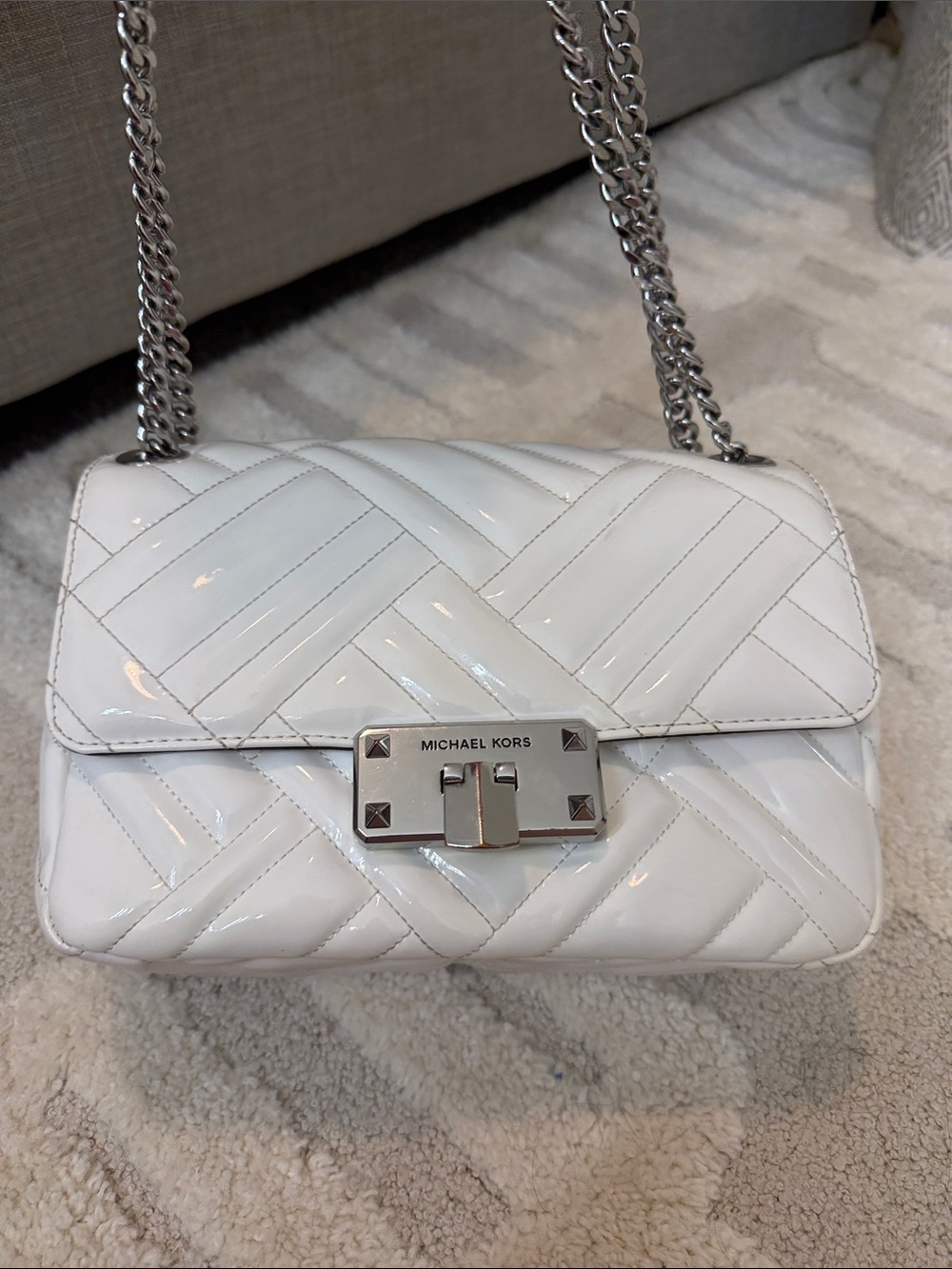 Michael Kors White Quilted Patent Leather Chain Crossbody Bag